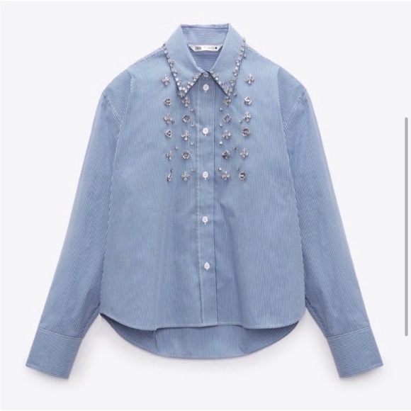 ZARA JEWEL APPLIQUÉ POPLIN STRIPE BLUE WHITE SHIRT - Picture 2 of 9
